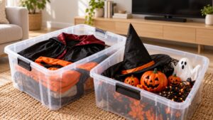 Disfraces y decoración de Halloween organizados en cajas transparentes para guardarlos hasta el próximo año.