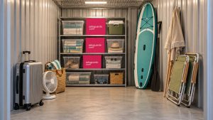 Trastero con maletas, sillas de playa, sombrilla y tabla de paddle surf guardados tras el verano