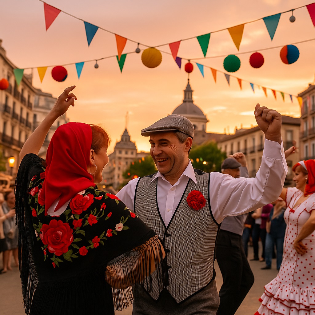 Pareja bailando disfrazada con los trajes tipicos castizos de Madrid