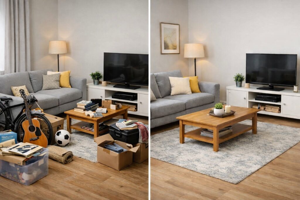 imagen de salon lleno de trastos a la izquierda y salon vacío a la derecha
