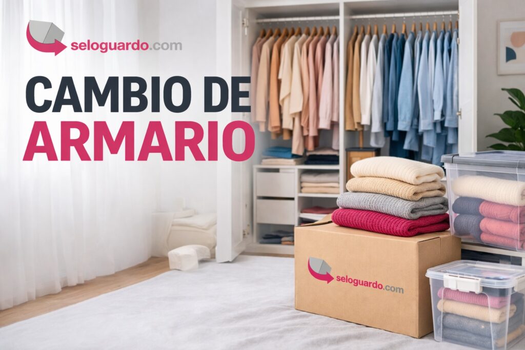 Imagen con armario con ropa al fondo y cajas con ropa ordenada sobre la alfombra.